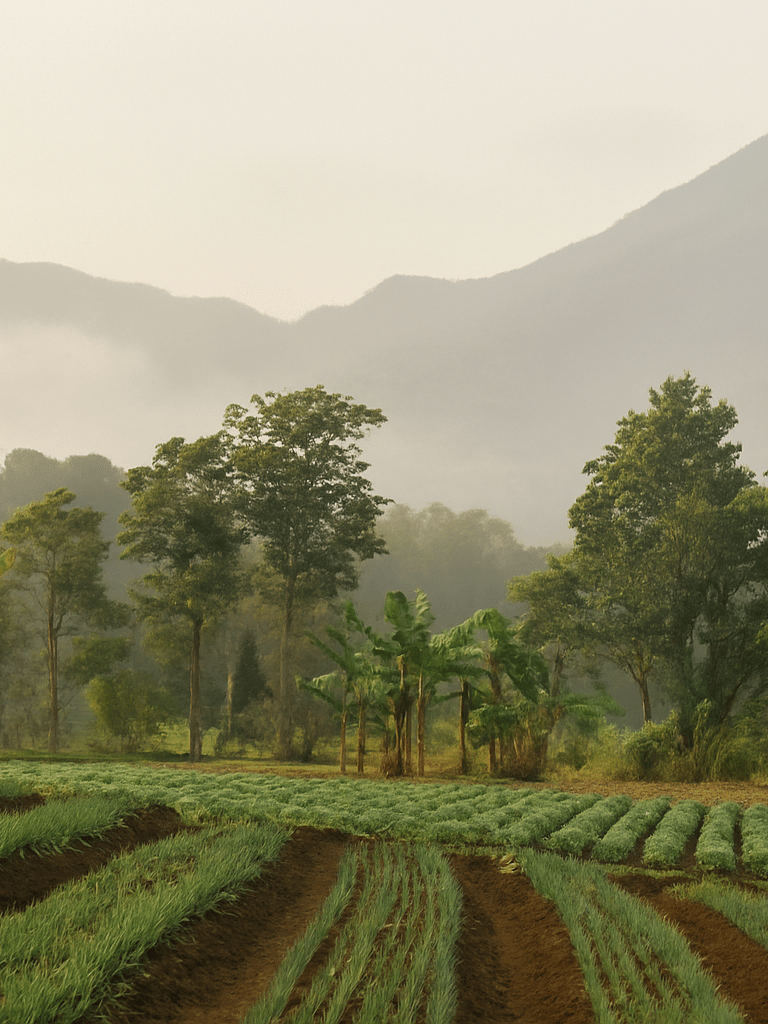 a lush Colombian field with a mountain in the background