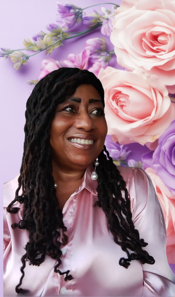 Davida Roze with pink and purple roses