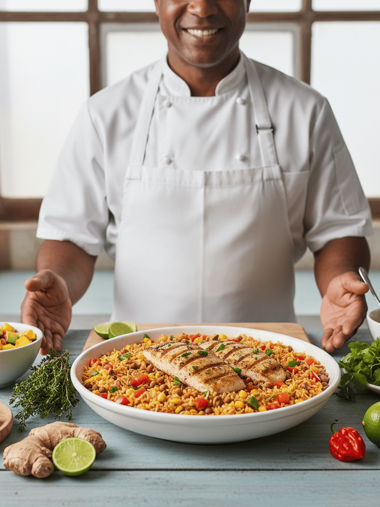 a chef in a white shirt and a bowl of food