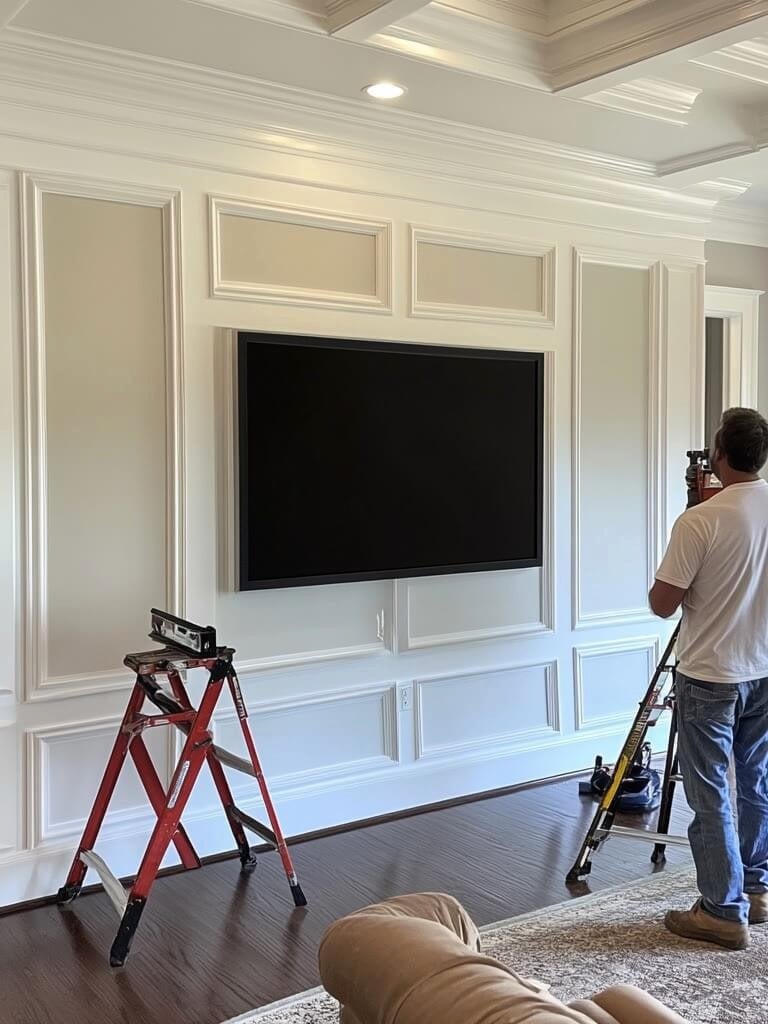 tv installer mounting tv on wood panel wall