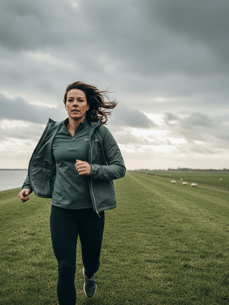 nederlandse vrouw hardlopen op een dijk