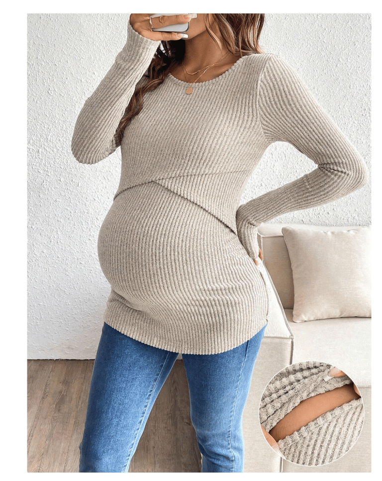 Maternity nursing and pumping friendly long sleeved t shirt
