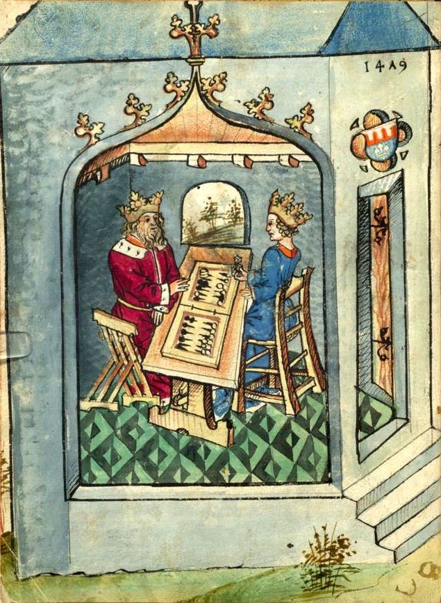 une iconographie médiévale avec deux rois et reines jouant a un jeu de société