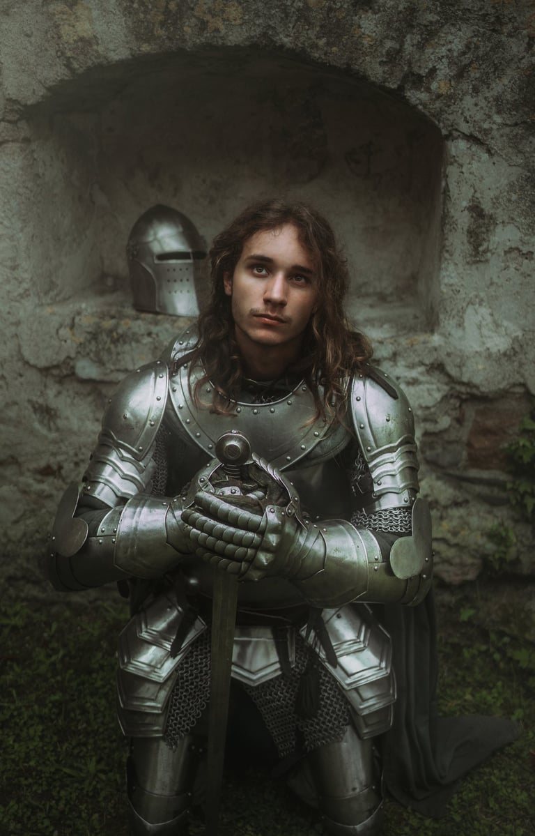 un chevalier en armure a genou dans une ruine
