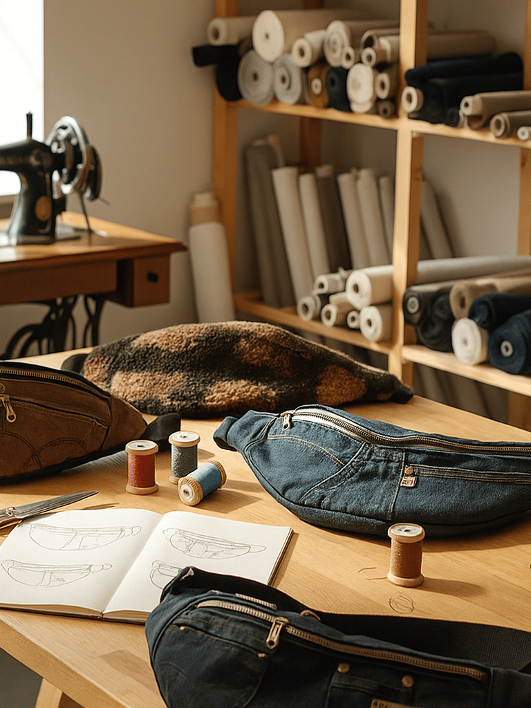 plusieurs sacs banane fait main fait main avec du jean recyclé posés sur une table dans un atelier