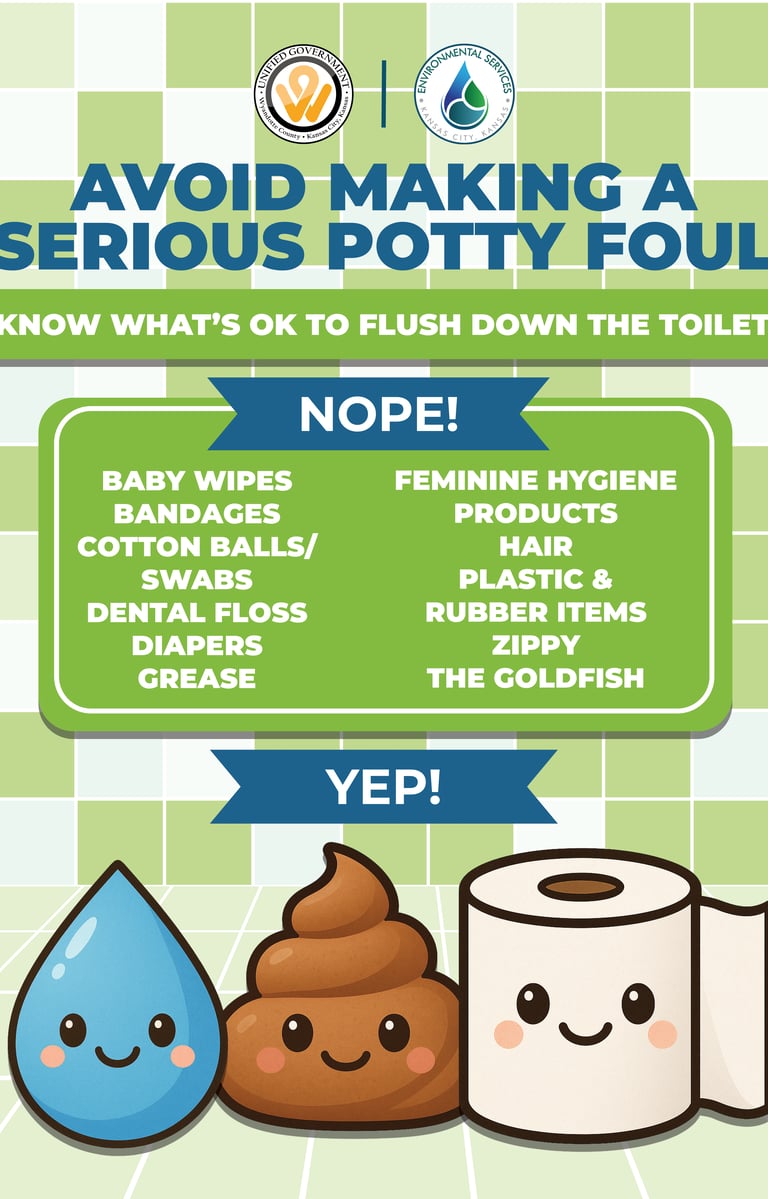 Educational Public Works poster explaining which items should not be flushed to protect wastewater systems.