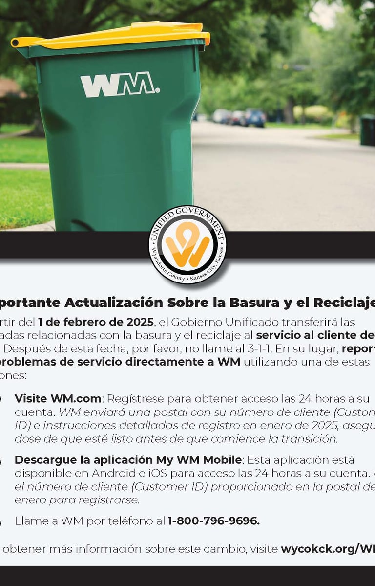 Spanish-language flyer explaining trash and recycling service updates and how residents should contact WM.
