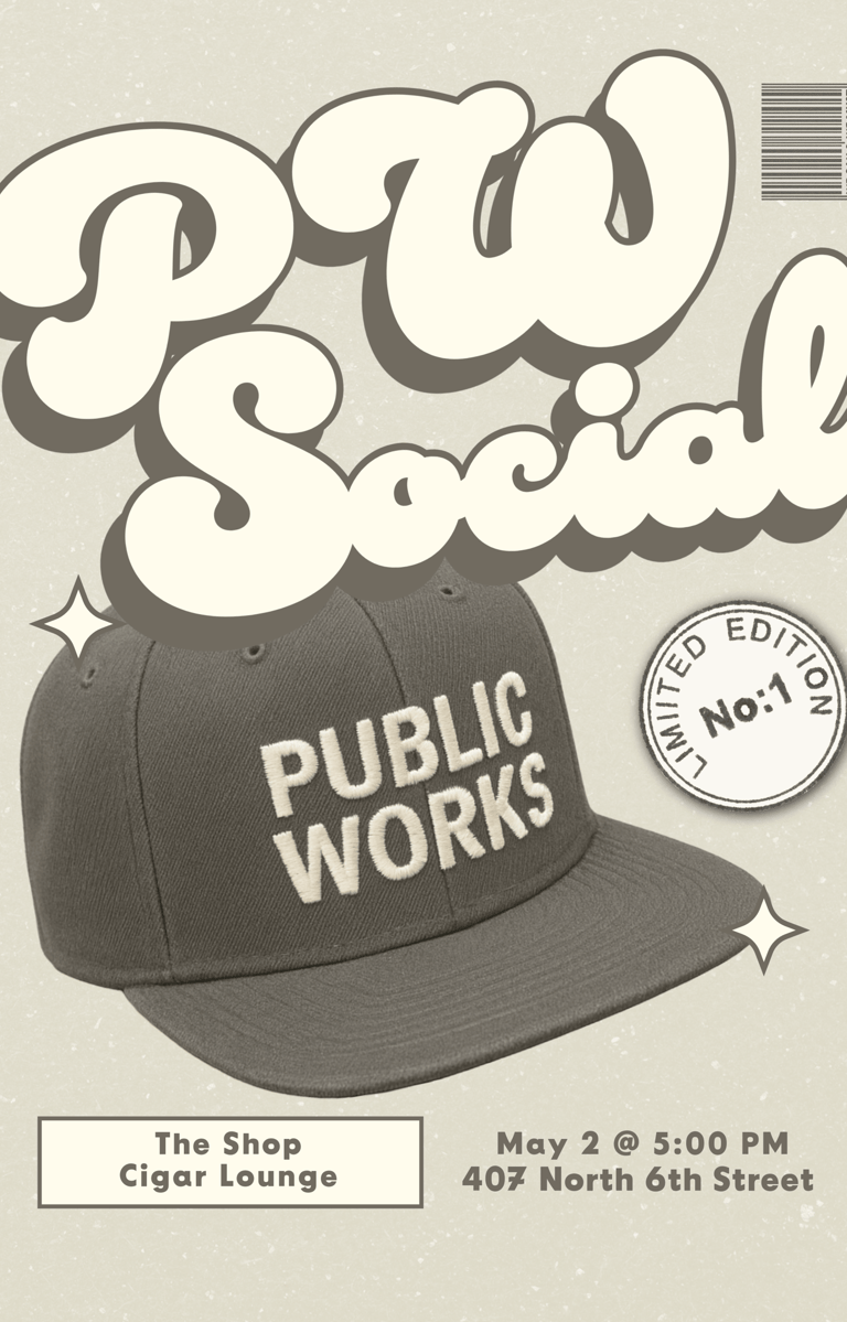 Event flyer advertising a PW Social gathering with Public Works branding and limited edition merchandise.