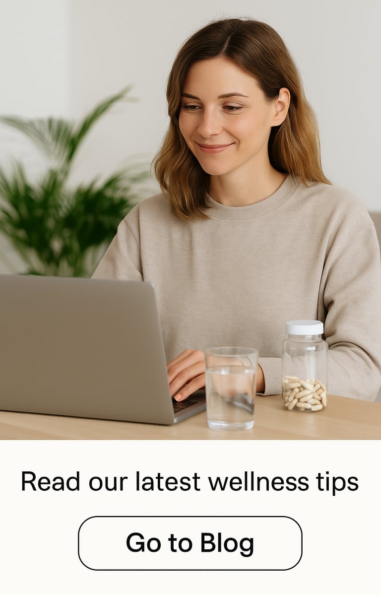 woman working on laptop with natural supplements and water on desk, exploring wellness tips online