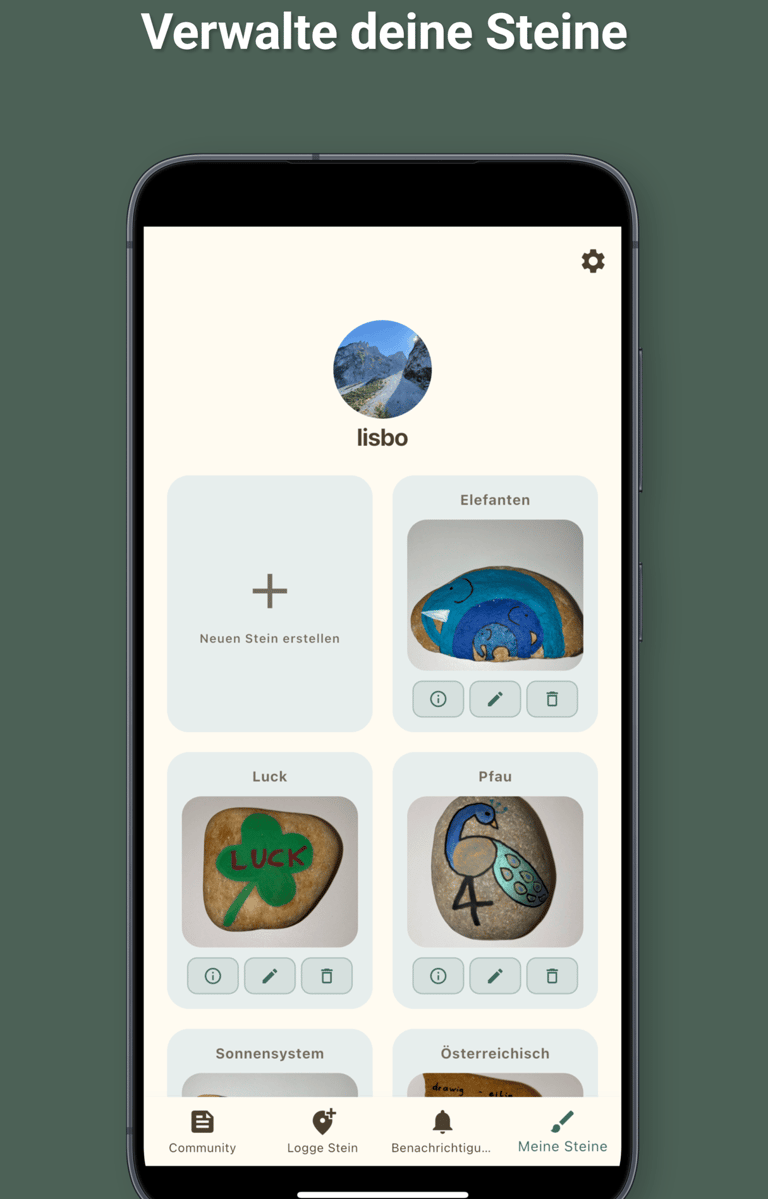 Screenshot der Steinübersichts-Seite