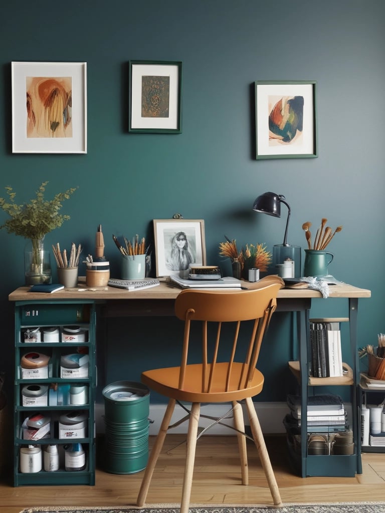 DIY workspace featuring painted furniture, color swatches, and tools for bold home décor projects.