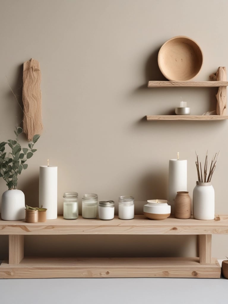 Flat-lay of minimalist DIY materials like wood planks, paint, and candle jars arranged neatly on a l