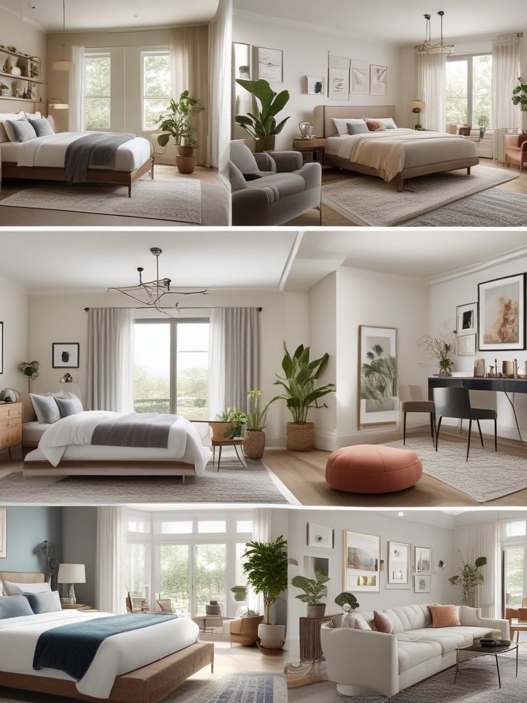 Four curated home spaces — living room, kitchen, bedroom, and bathroom — styled with cohesive, moder
