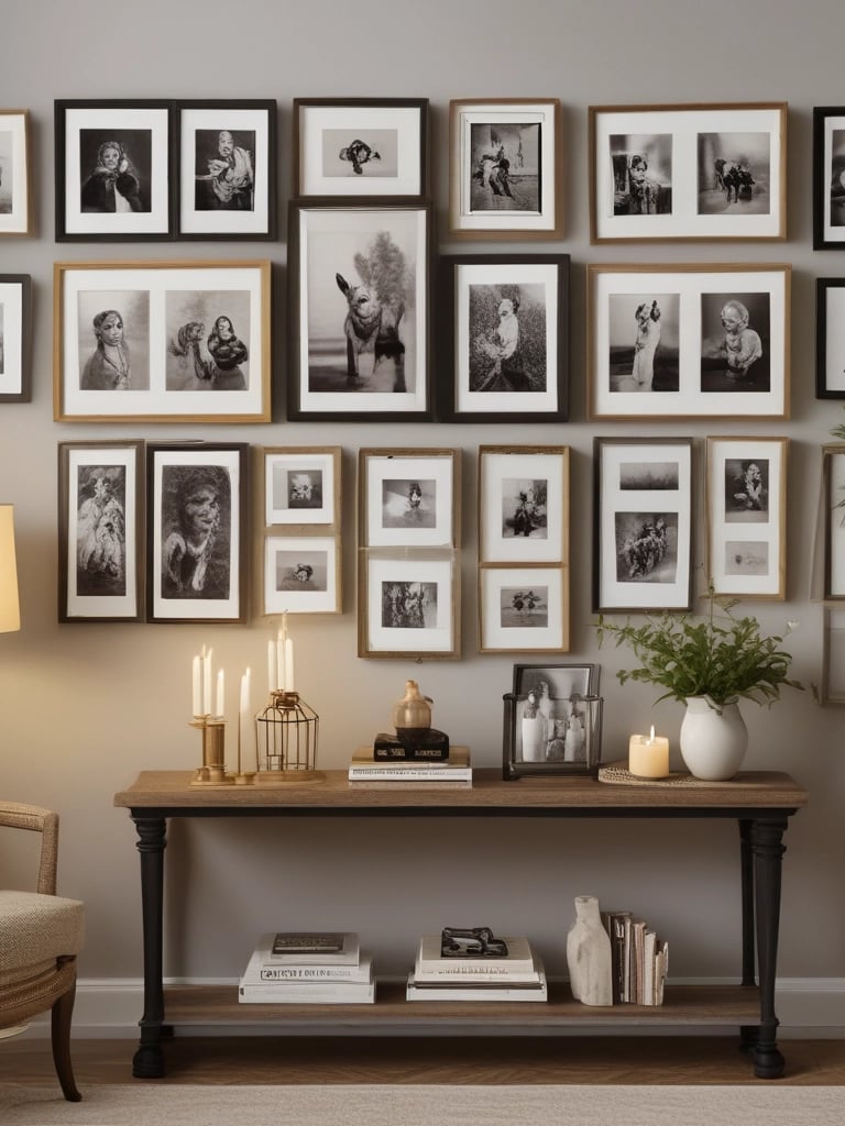 Gallery wall with framed art and photos arranged above a console table with cozy décor accents.