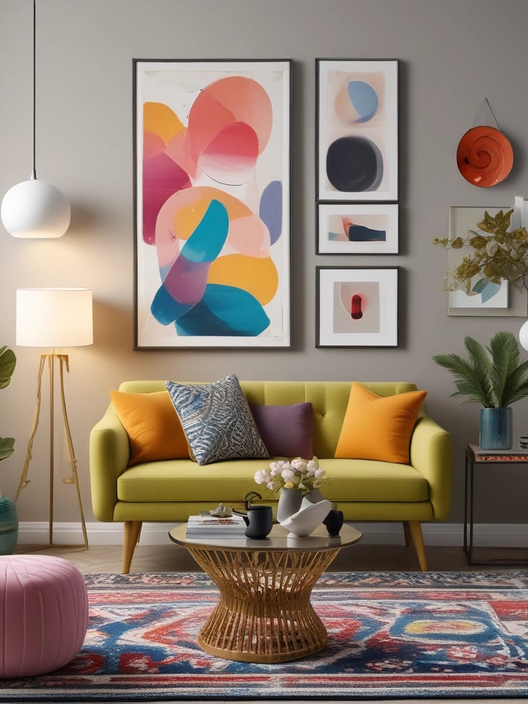 Collection of ten stylish bold décor accents — chairs, rugs, lamps, art, and mirrors displayed cohes