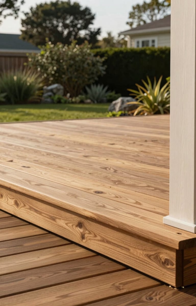 Wide environmental shot framed from the right canvas edge, a finished hardwood deck extending into a mature garden under soft afternoon daylight, close-up of grain-matched decking boards and clean structural posts visible in the foreground, the deck sitting low within its actual landscape, no people, no furniture clutter