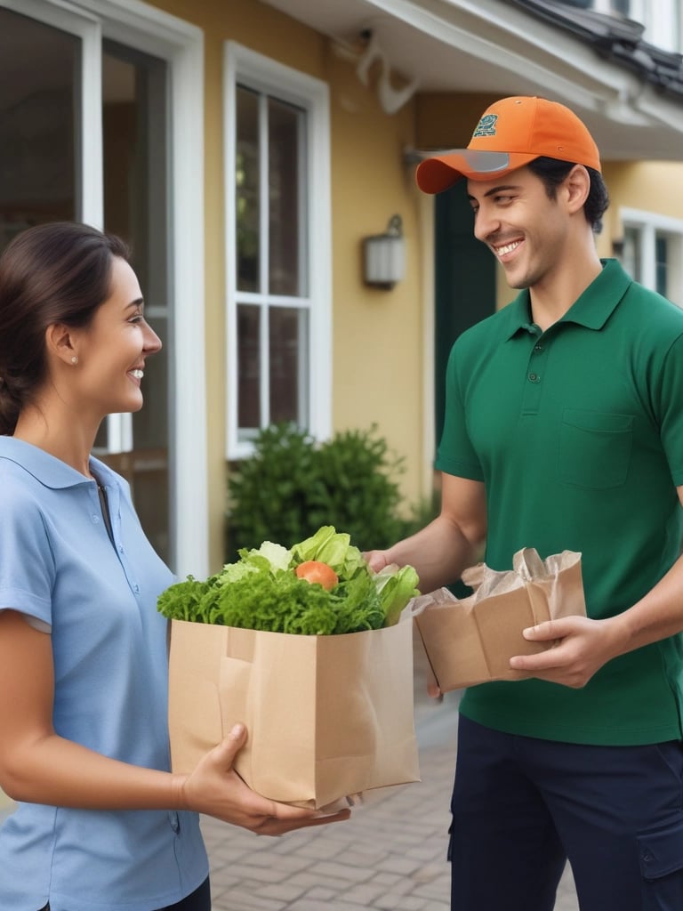 A delivery person handing a grocery bag to a smiling customer at their doorstep in the morning light