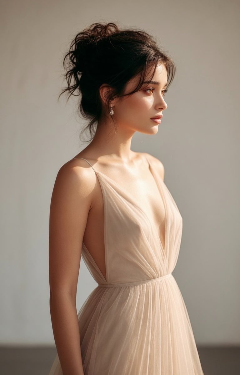 Soft glam editorial portrait with polished blonde balayage and radiant natural makeup.
