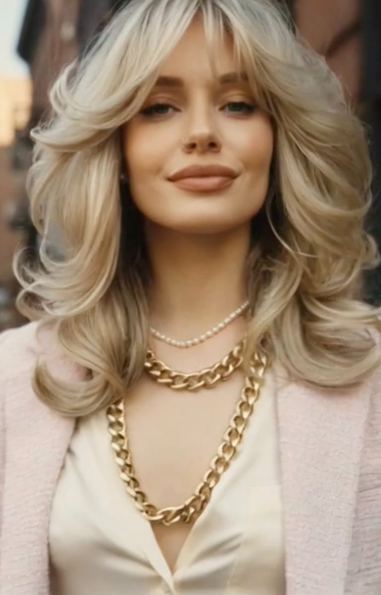 Soft lived-in blonde hair with natural movement and polished waves.