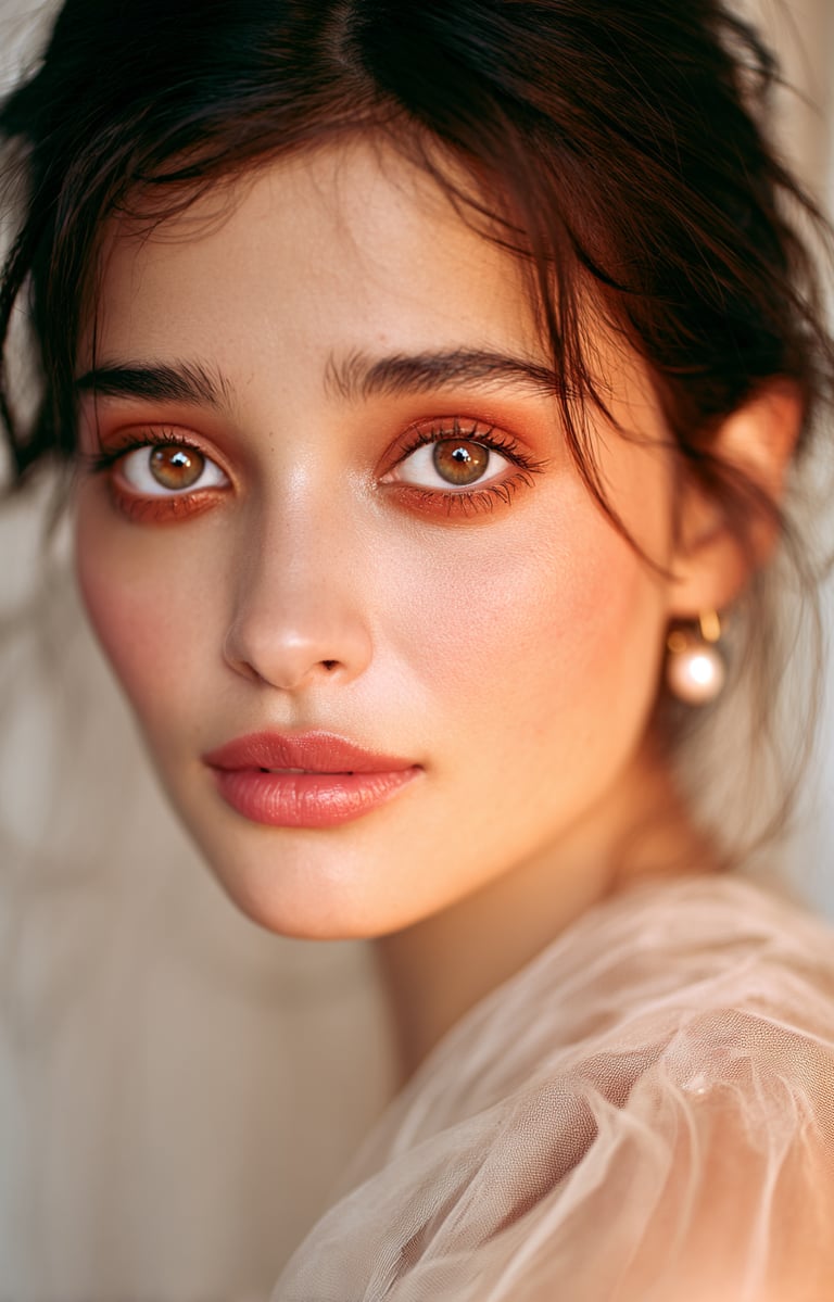 Fashion-inspired hair and makeup featuring soft cinematic lighting and timeless elegance.. 