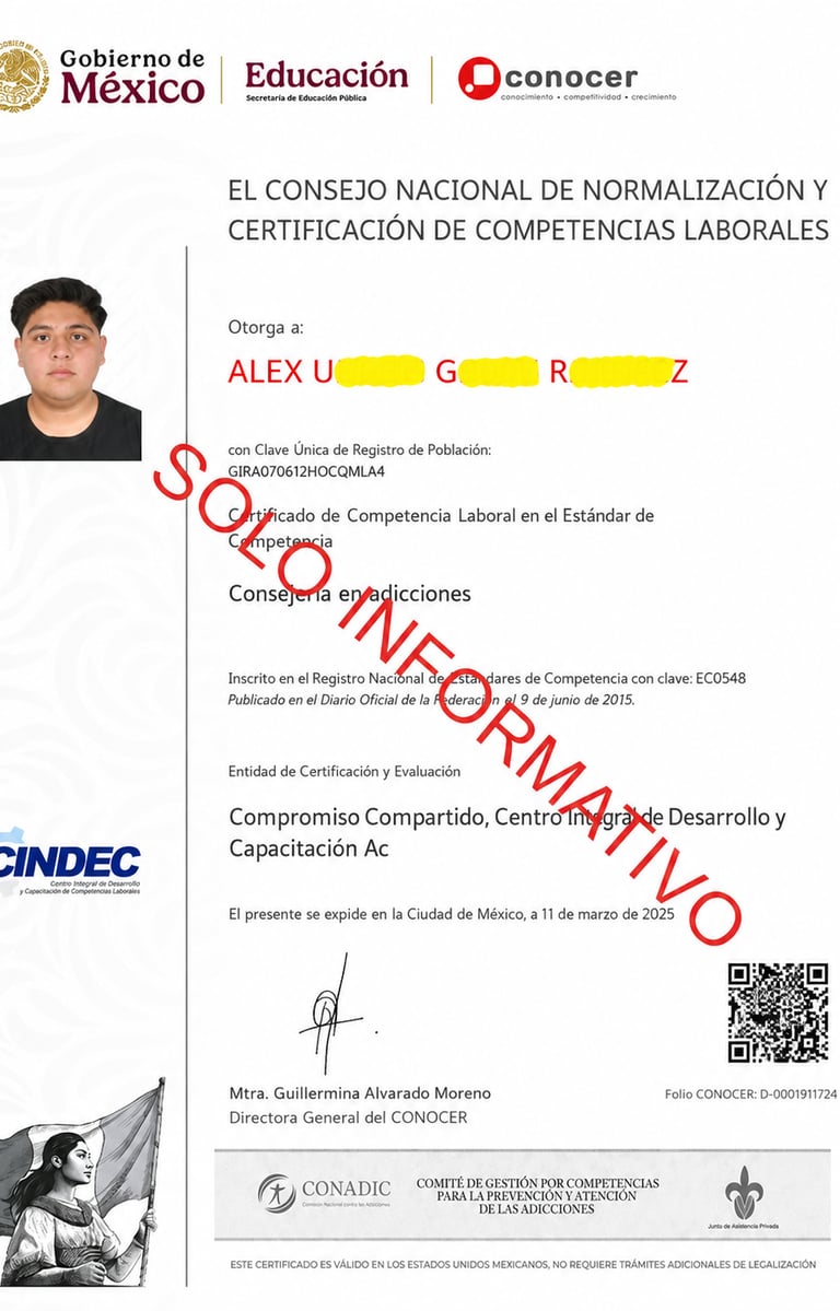 A Mexican CONOCER certificate of labor competency for Alex, specializing in addiction counseling.