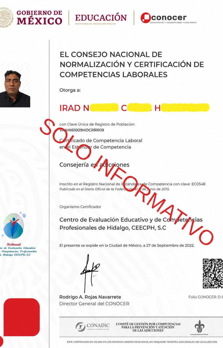Official CONOCER labor competency certificate for addiction counseling from Mexico's Secretary of Public Education.