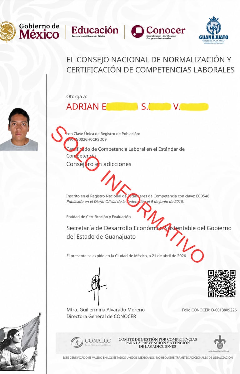 Official Mexican CONOCER certificate of labor competence for an addiction counselor in Guanajuato.