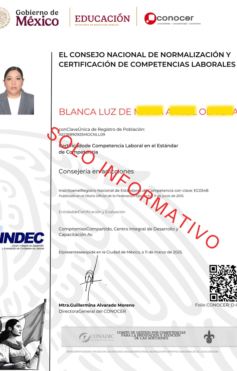 Official Mexican CONOCER certificate for labor competence in addiction counseling issued to Blanca Luz.