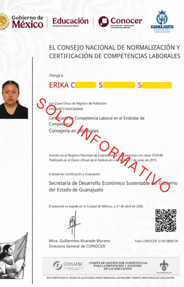 Official Mexican labor competency certificate from CONOCER and SEP for addiction counseling, featuring a government seal and