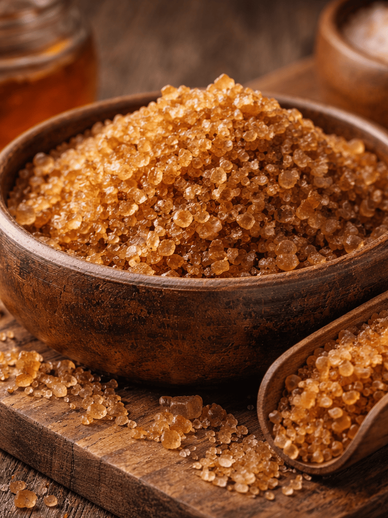 Close-up of natural unrefined brown sugar crystals rich in molasses and minerals