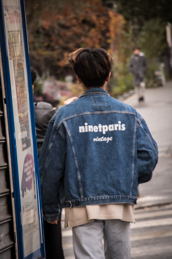 a man in a denim jacket and jeans jacket, from the brand ninetparis vintage which is written