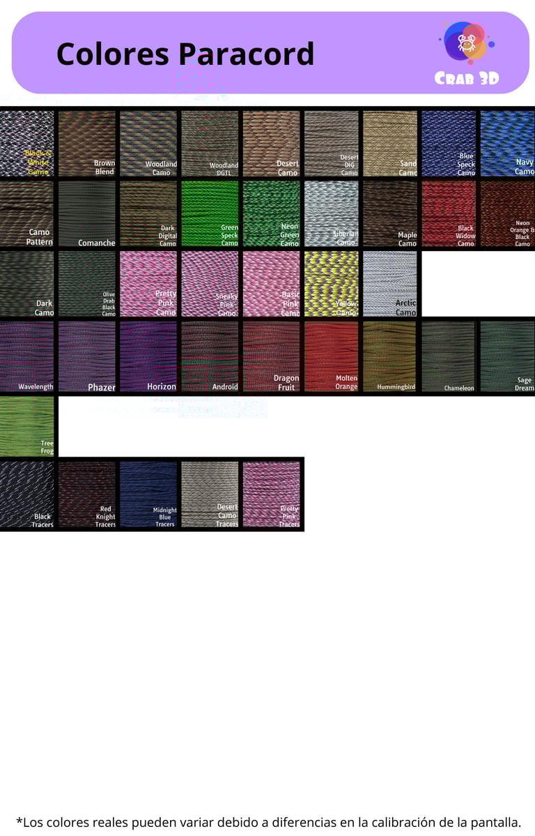 Catálogo de colores Paracord