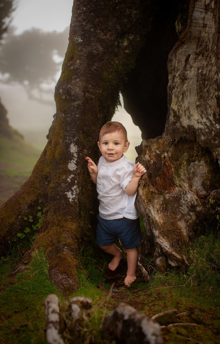 Happy toddler boy standing between ancient moss-covered tree trunk at Fanal Forest Madeira