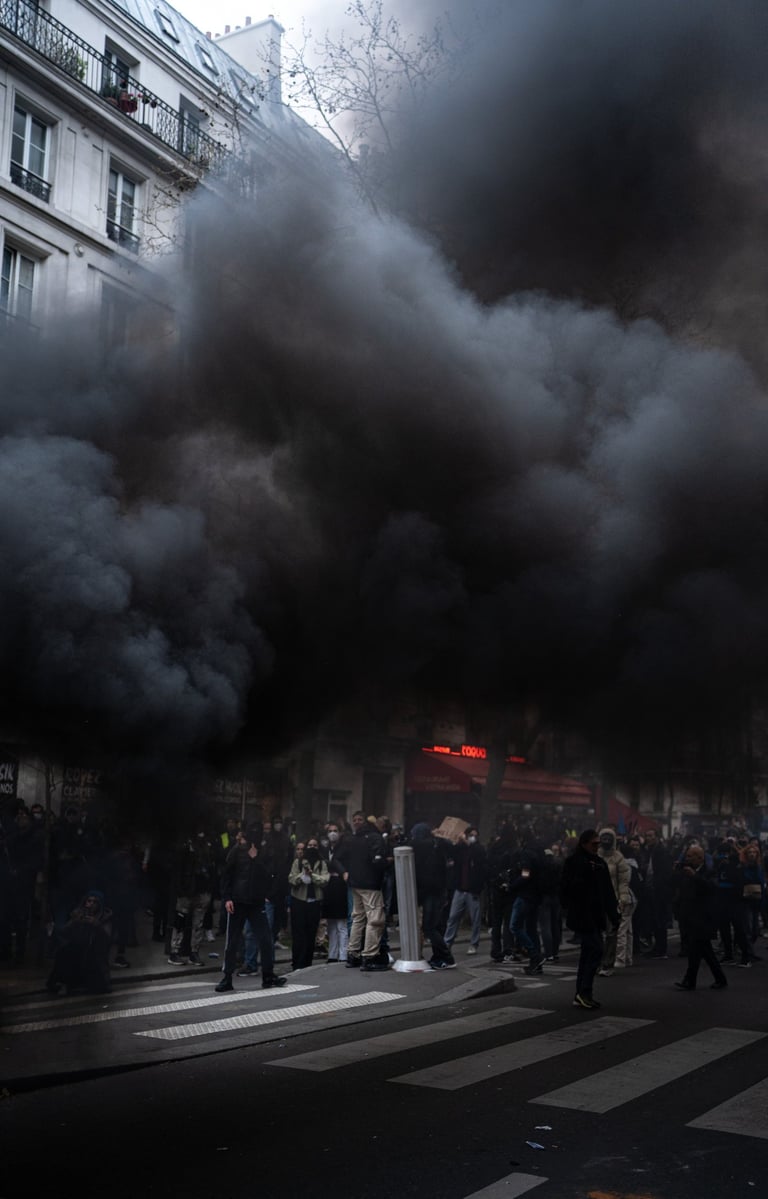Manifestatioin contre la réforme des retraites. Une épaisee fumée survole les manifestants. 