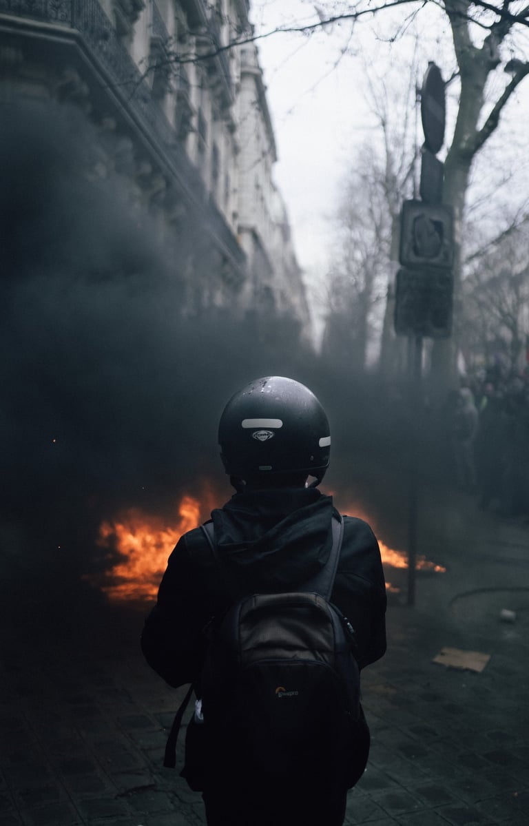 Manifestation contre la réforme des retraites 2023. Un journaliste de dos observe un feu.