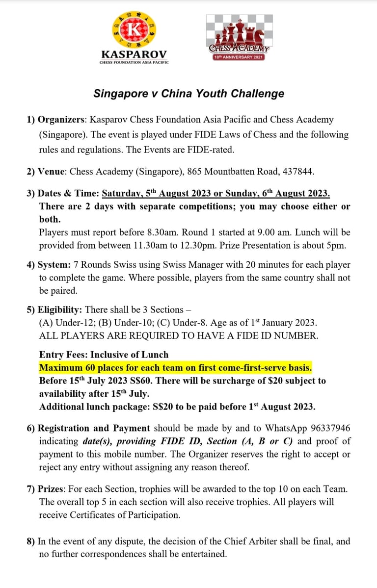 Singapore v China Youth Chess Challenge. Kasparov Chess Foundation. ASEAN Chess