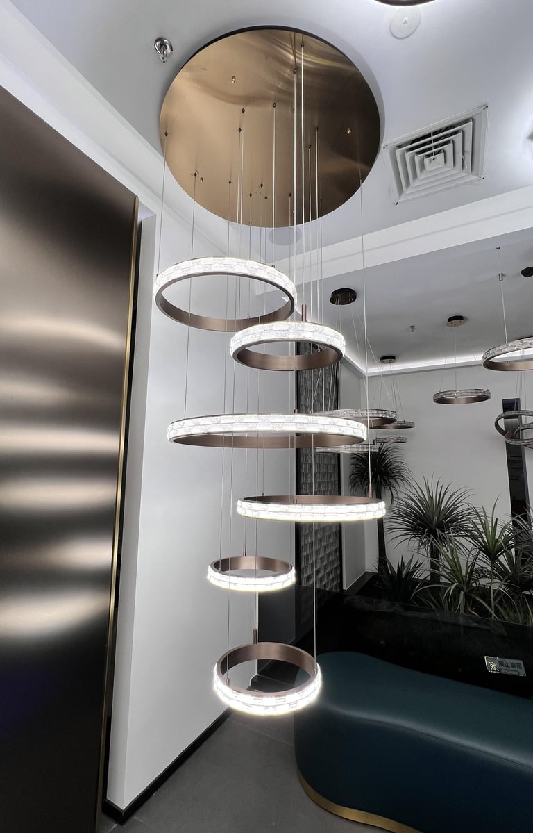 a modern chandelier in showroom