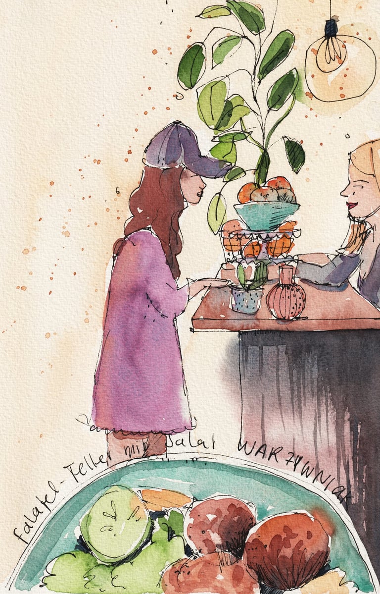 Illustration Falafelteller zwei Frauen an einer Holtheke warmes licht