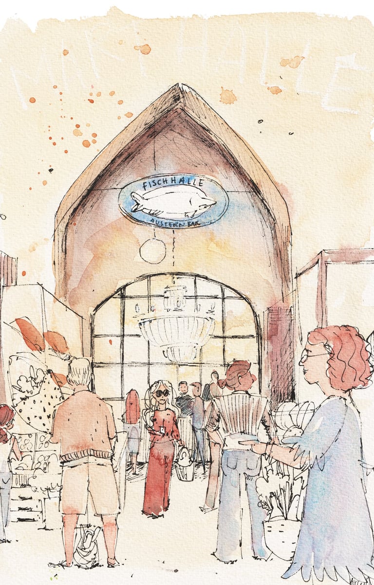 Illustration Markthalle Stuttgart viele Menschen mit Markteinkäufen und Blick auf Fischhalle