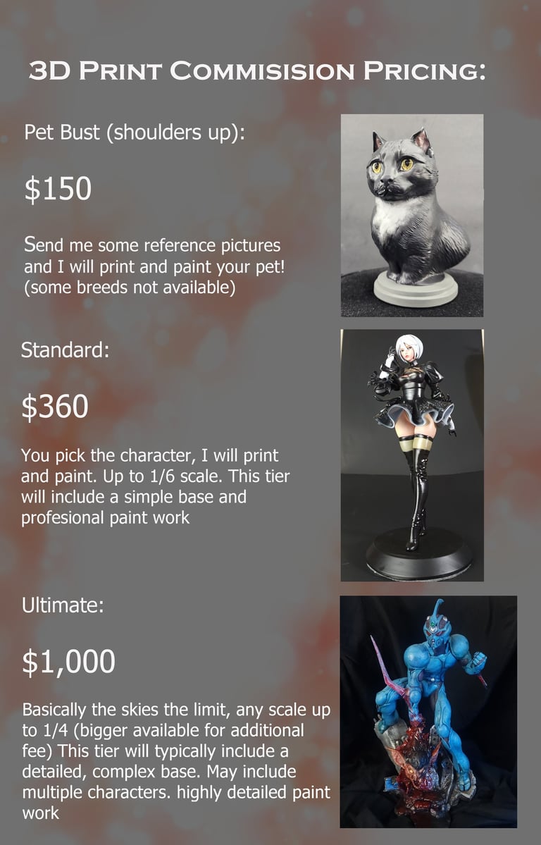 Custom 3D print commission pricing guide featuring painted pet busts and anime figurines.