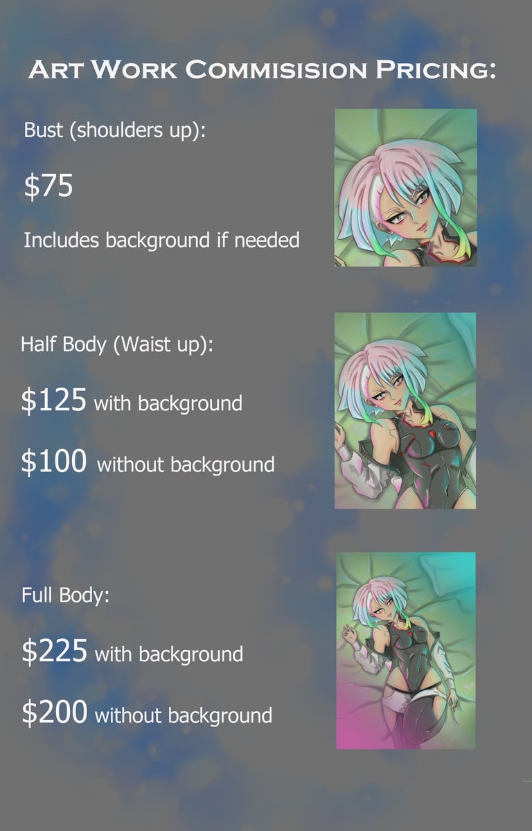 Digital art commission pricing list with anime style bust, half body, and full body character examples.