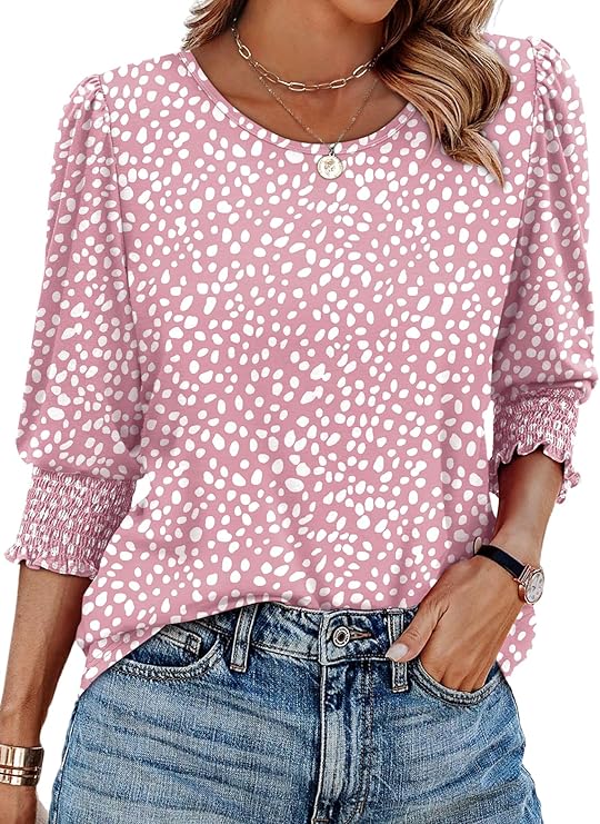 Blouses for Women Dressy Casual 3/4 Length Sleeve Womens Tops with Smocked Cuffs 