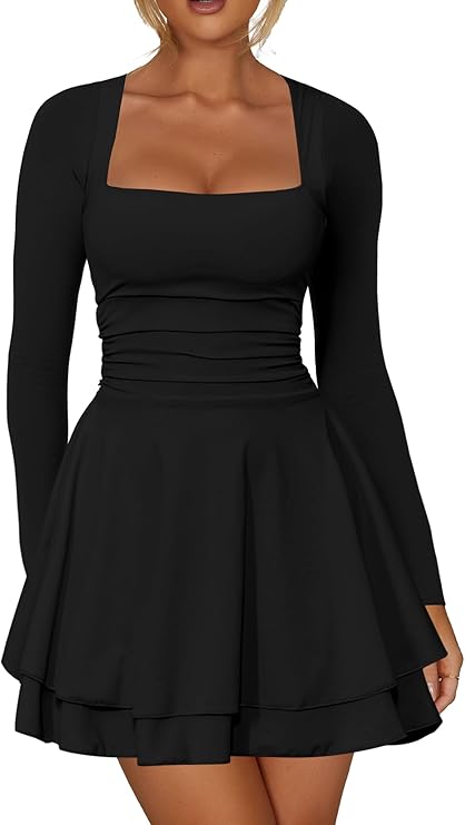 Women's Square Neck Ruffle Hem Mini Dress-Ruched Waist Long Sleeve - Corset Short Party Dresses