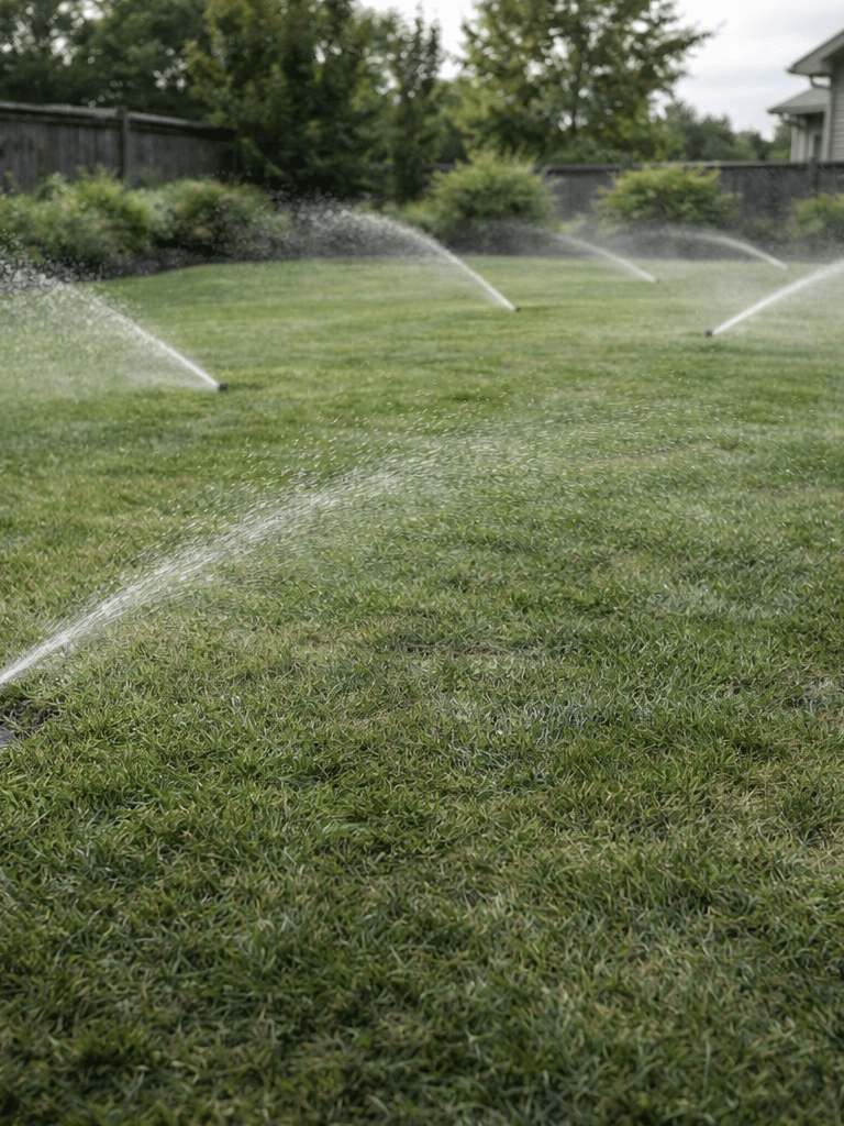 Automatic pop-up sprinkler system watering a lush green residential lawn in a backyard.
