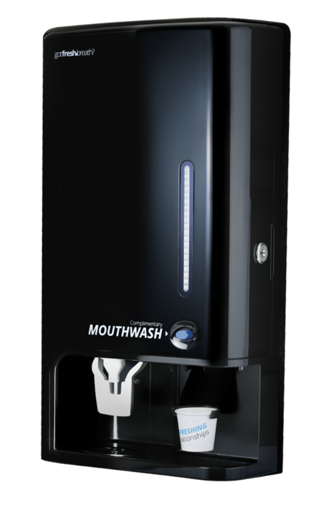 Dispensador de enjuague bucal color negro, diseño elegante ideal para baños corporativos.