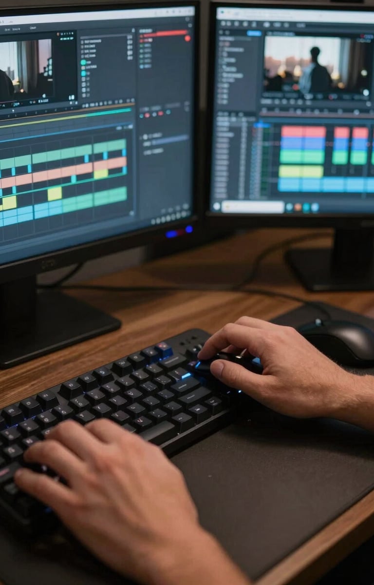 Overhead close-up of a video editor's hands on a mechanical keyboard and precision mouse, dual monitors visible in background showing color-grading software with a YouTube thumbnail in progress — monitor glow illuminates the desk surface, dark surrounding environment, no person's face visible