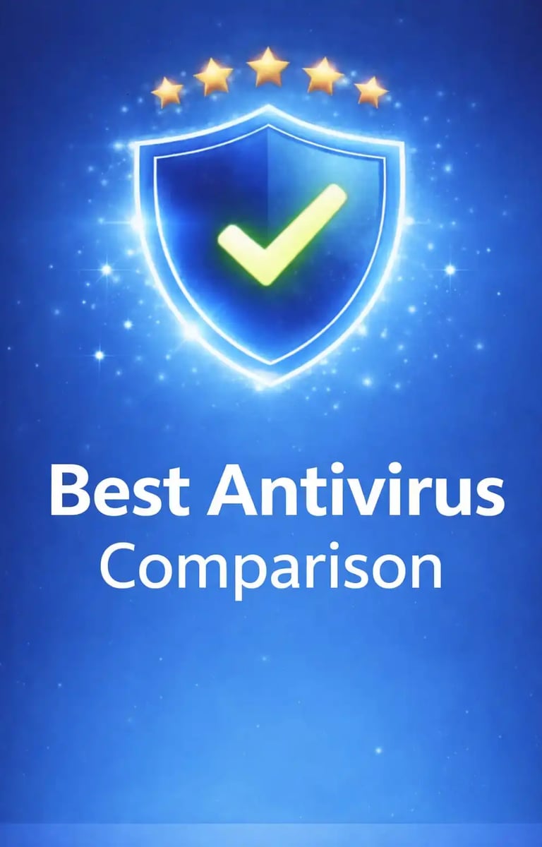 Vertical Best Antivirus Comparison banner with glowing blue shield, five stars, and premium cybersecurity background.