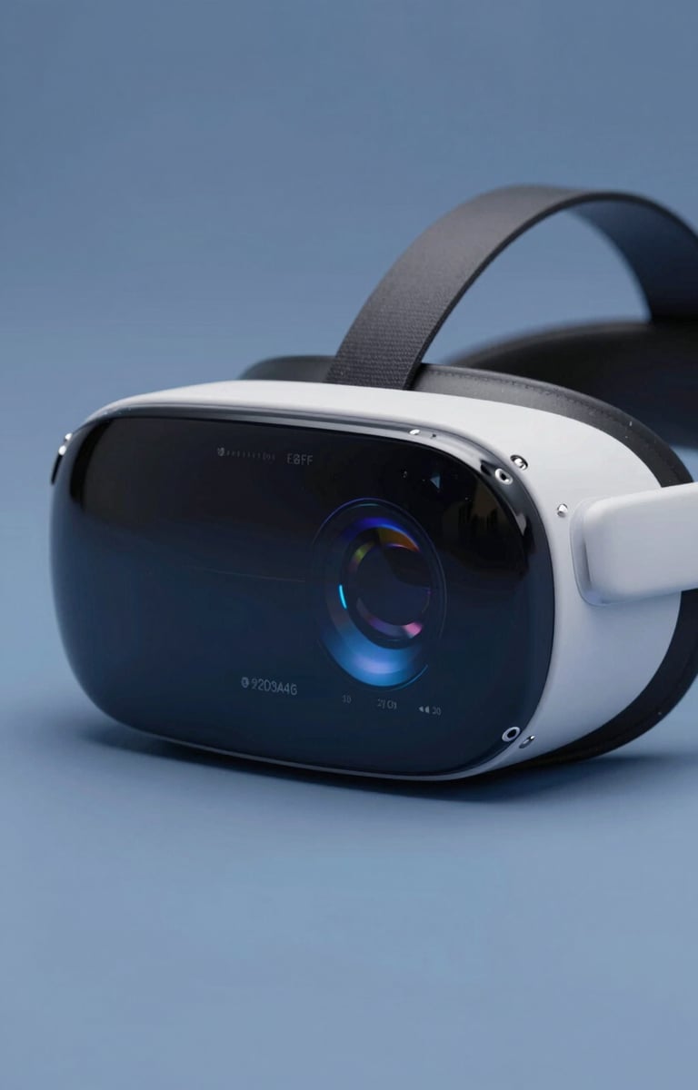 Detail shot of a minimalist VR headset with glowing UI reflections on the lens, conveying a high-tech spatial OS design. Colors: #2D3A4B and #E6EFF5.