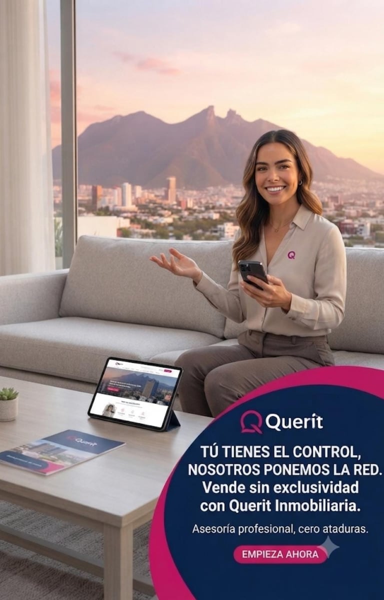 Un agente inmobiliario profesional de Querit Inmobiliaria mostrando un anuncio de propiedad digital 