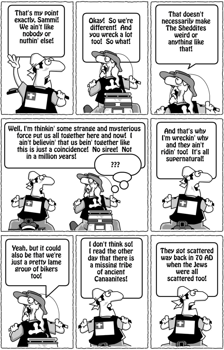A portion of a black and white comic strip about Christian bikers.